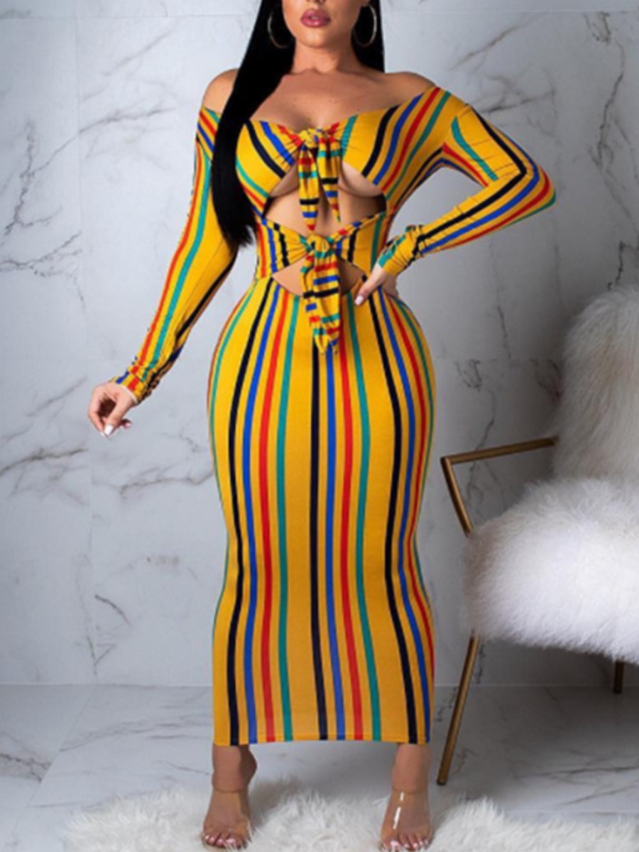 

lovely Bohemian Striped Hollow-out Yellow Ankle Length Dress