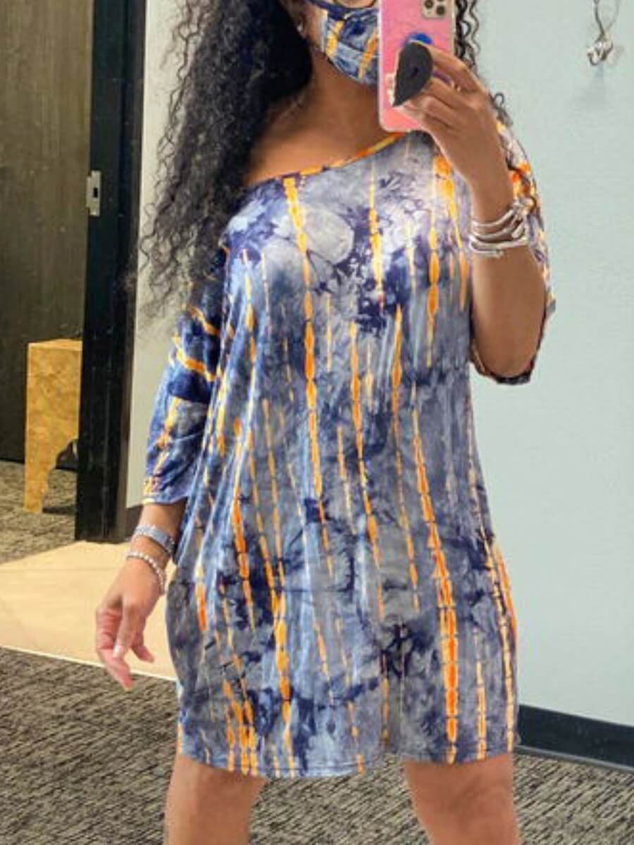 

LW Casual Tie-dye Blue Knee Length T-shirt Dress