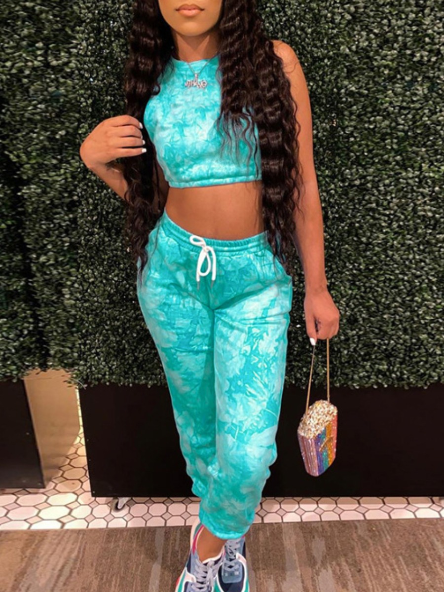 

lovely Sportswear Tie Dye Lace-up Blue Two Piece Pants Set