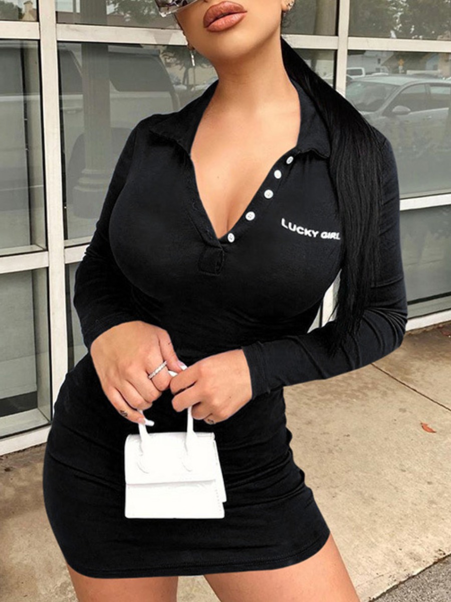 

lovely Sportswear Letter Buttons Design Black Mini Dress