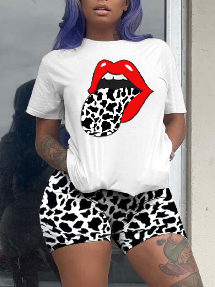 

LW Street Lip Print White Two Piece Shorts Set