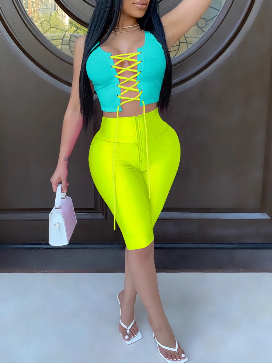 

lovely Stylish Bandage Design Green Two Piece Shorts Set