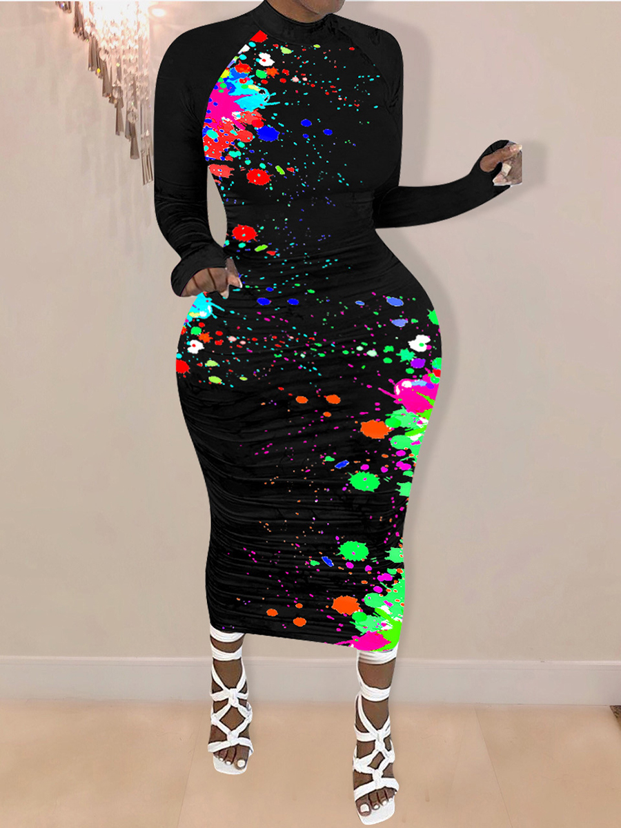 

Lovely Casual Graffiti Print Black Mid Calf Plus Size Dress