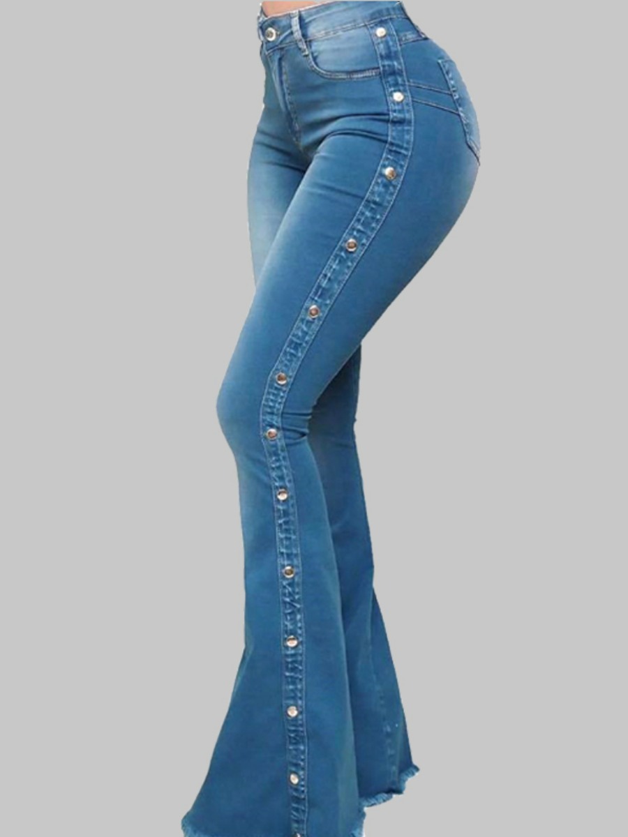 

LW Trendy Buttons Decorative Baby Blue Jeans