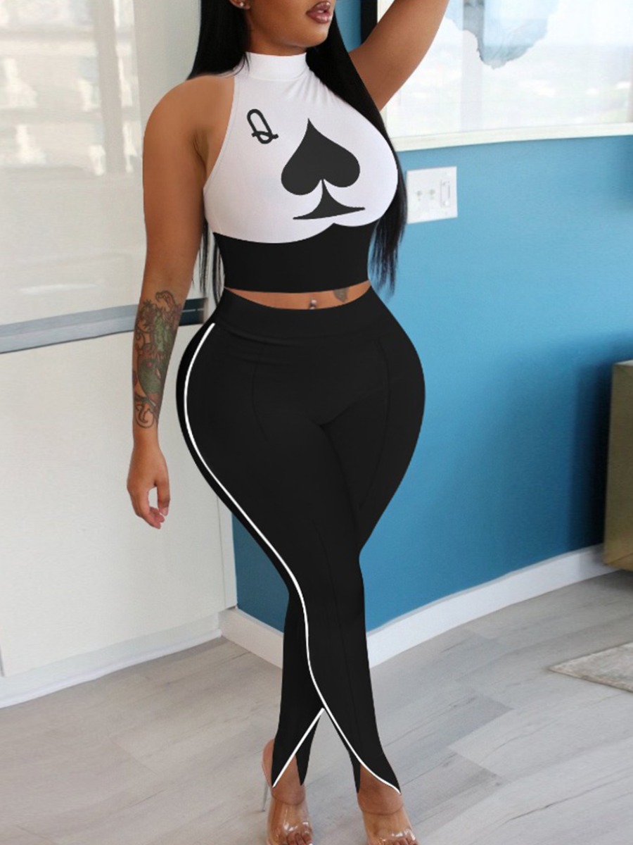 

Lovely Plus Size Print Patchwork White Pants Set