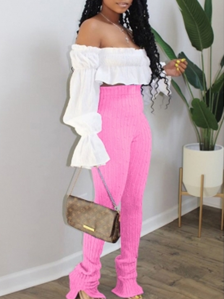 

lovely Trendy Dew Shoulder Flounce Design Pink Two Piece Pants Set