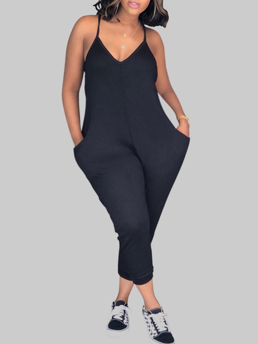 

lovely Leisure Spaghetti Strap Basic Black Plus Size One-piece Jumpsuit