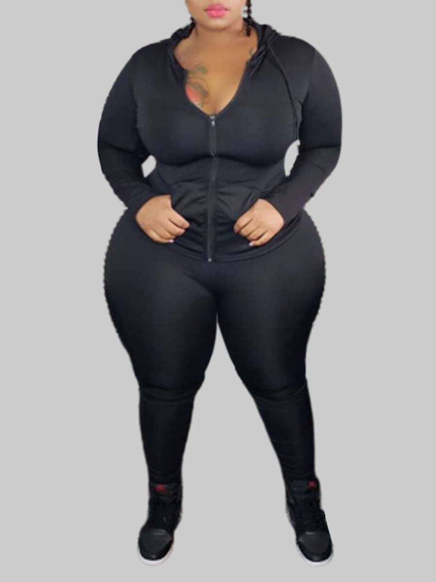 

Lovely Sportswear Hooded Collar Zipper Design Black Plus Size Two-piece Pants Set