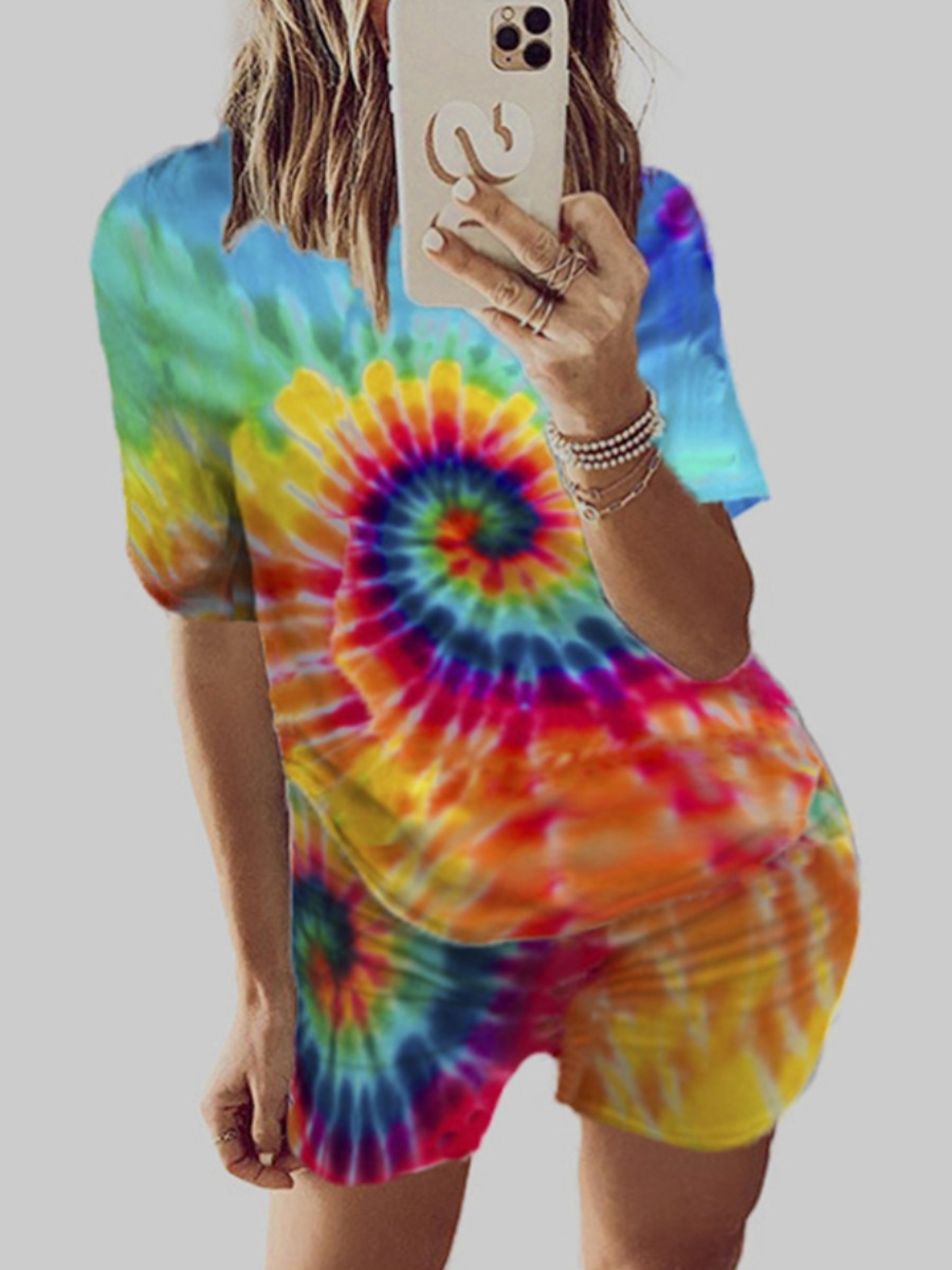 

lovely Casual O Neck Tie-dye Acid Blue Plus Size Two-piece Shorts Set