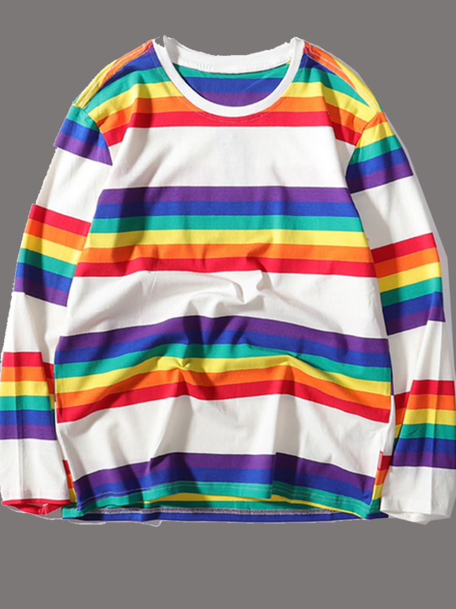 

Men lovely Casual O Neck Rainbow Striped White T-shirt