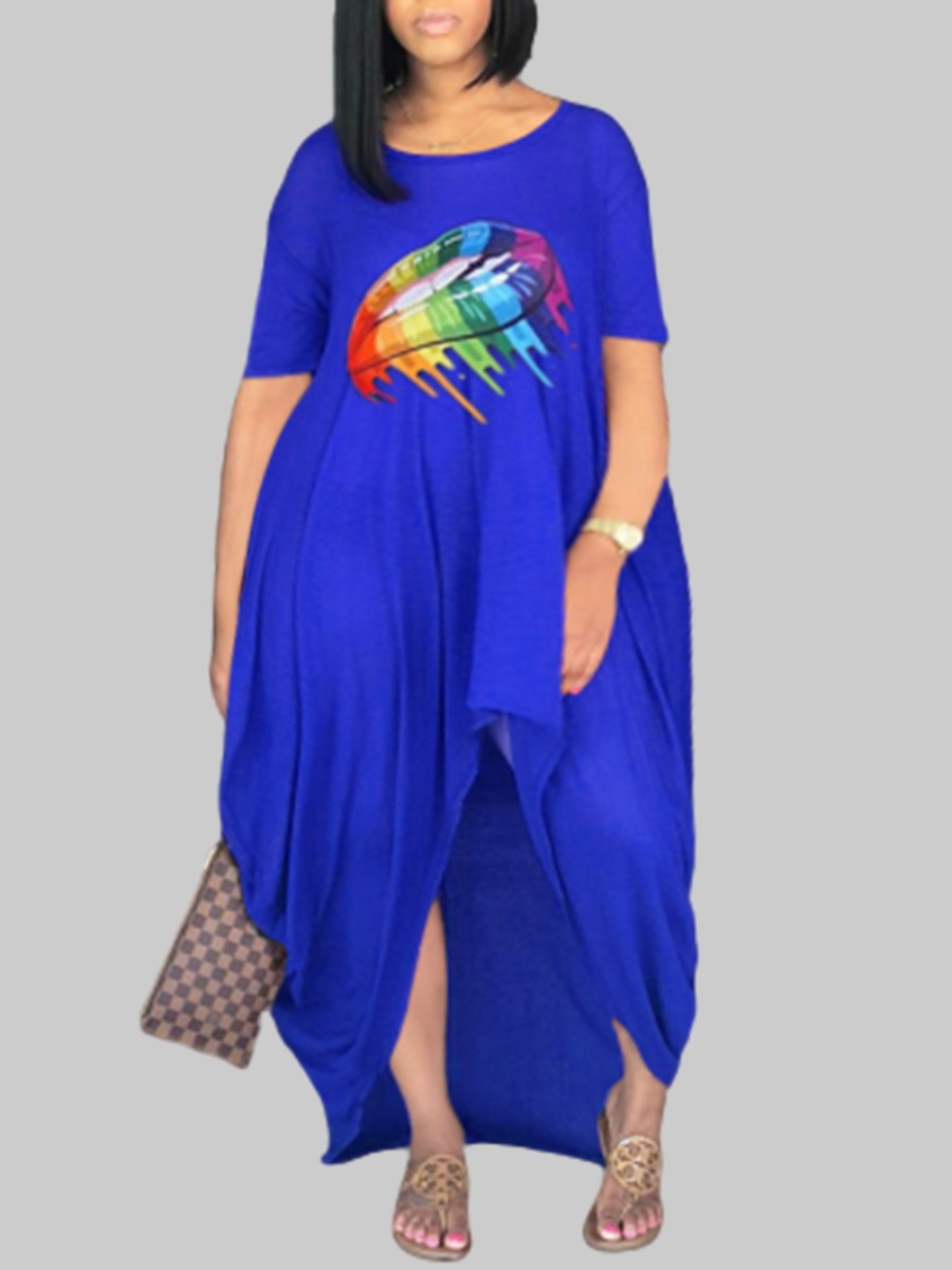 

lovely Casual O Neck Lip Print Blue Maxi Plus Size Dress