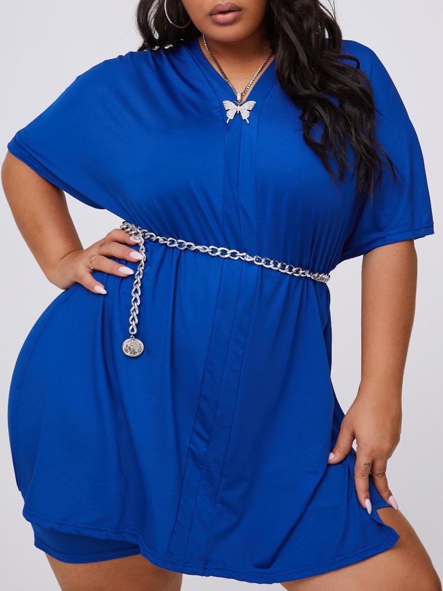 

lovely Leisure V Neck Basic Blue Plus Size Two-piece Shorts Set