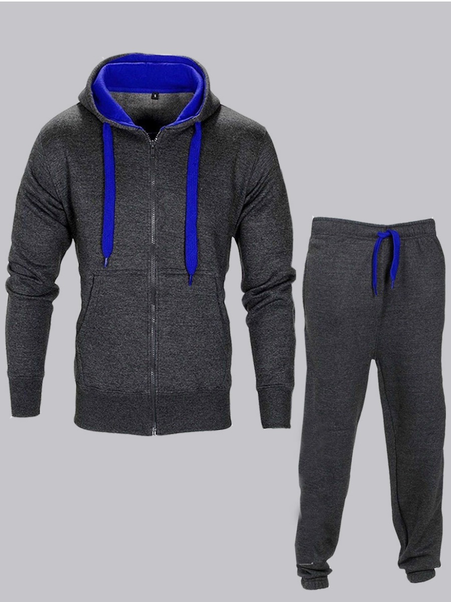 

Men lovely Sportswear Hooded Collar Zipper Designe Dark Grey Two-piece Pants Set