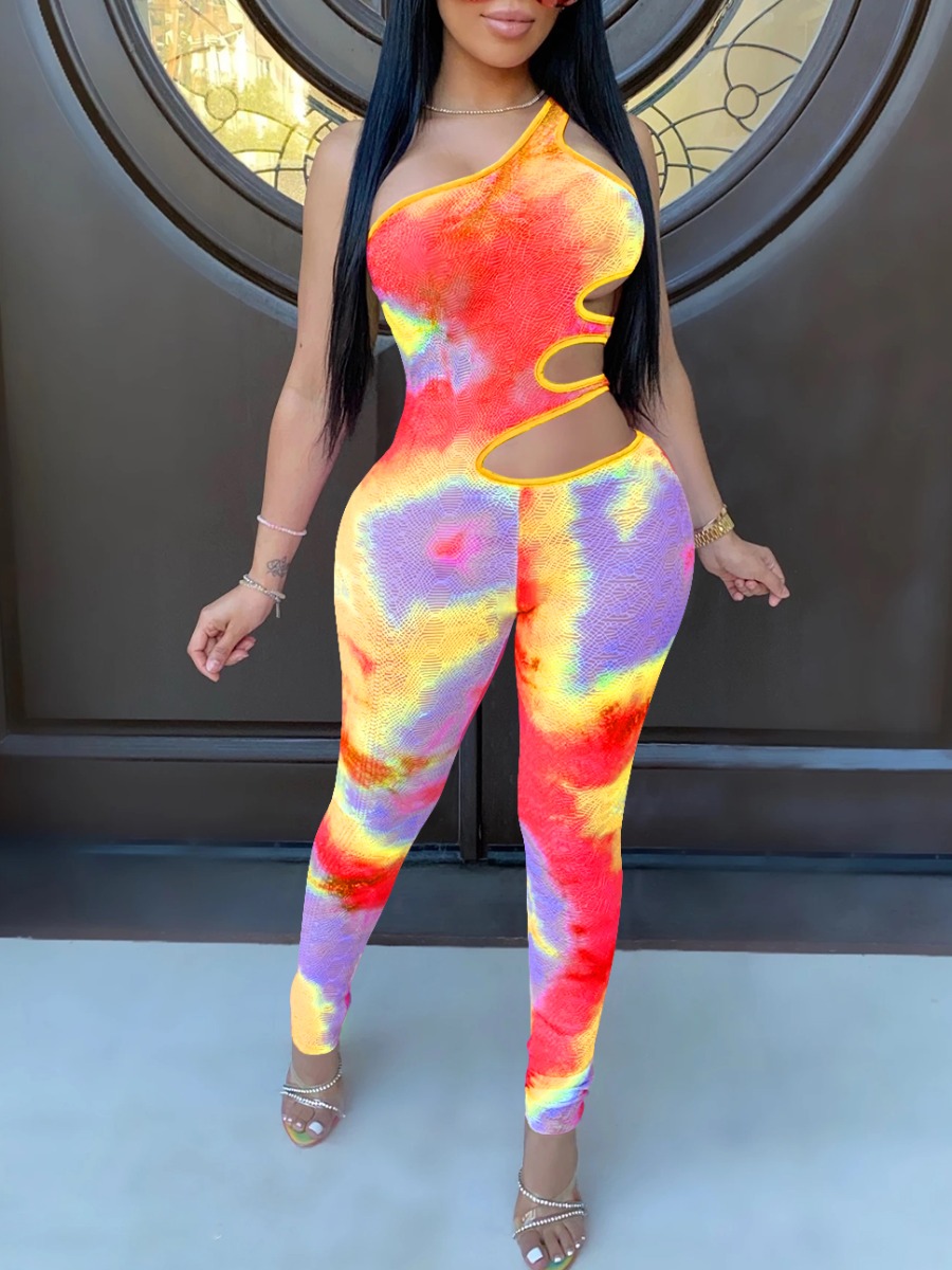 

lovely Trendy One Shoulder Tie-dye Red One-piece Jumpsuit