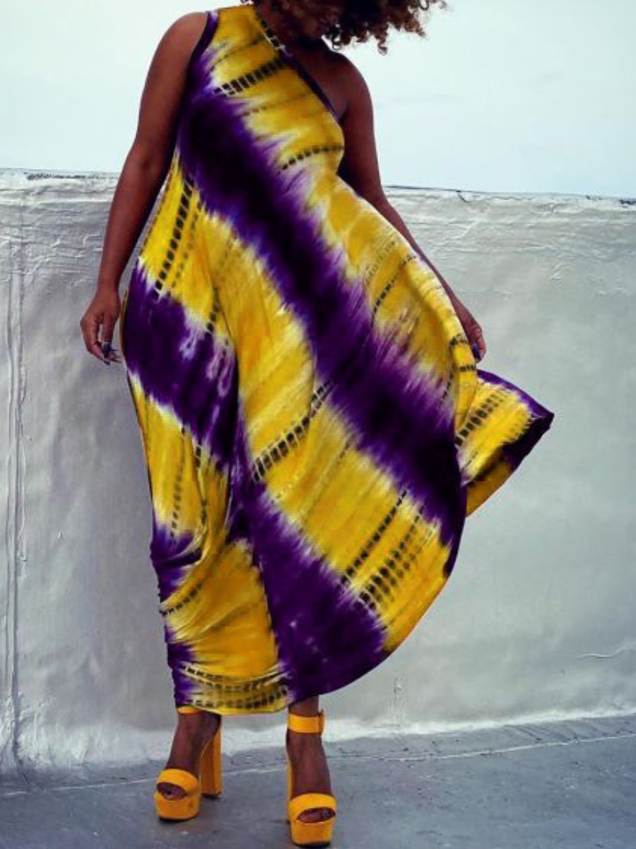 

lovely Trendy One Shoulder Tie-dye Yellow Ankle Length Dress