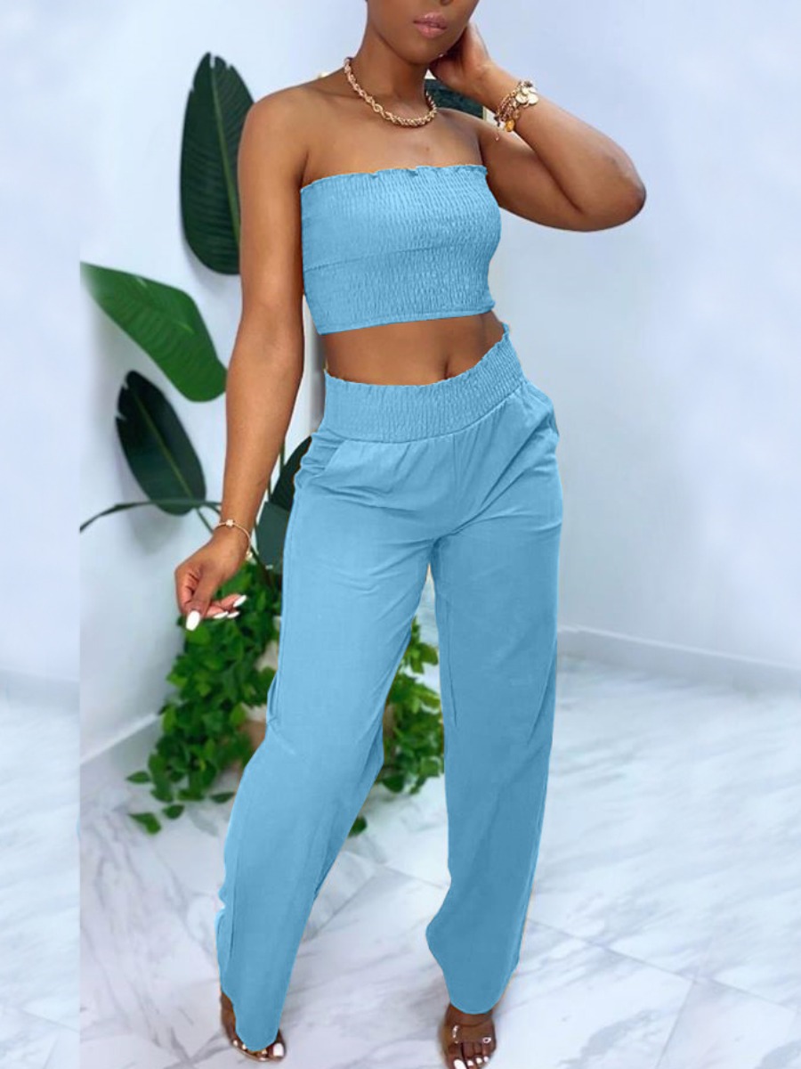 

lovely Trendy Dew Shoulder Basic Blue Two Piece Pants Set