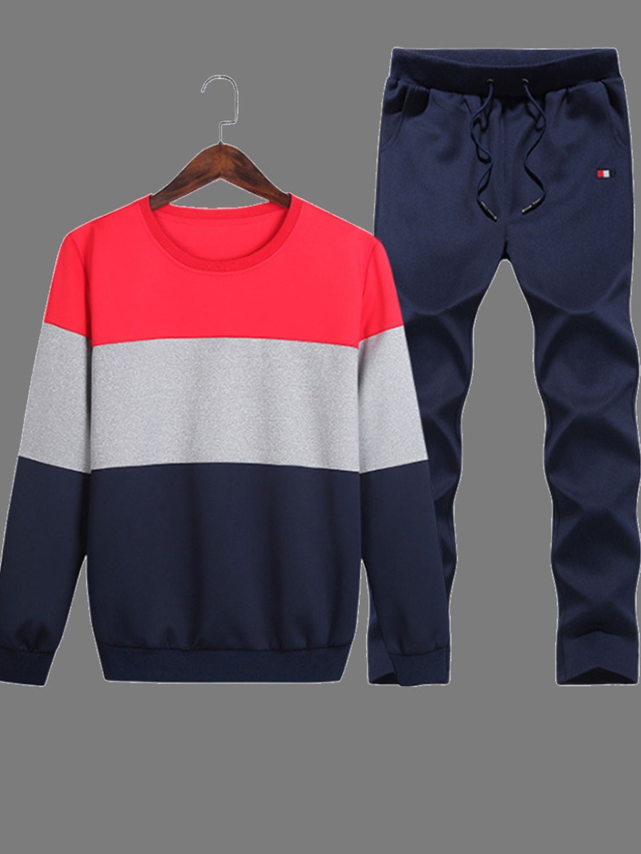

Men lovely Casual O Neck Patchwork Red Two-piece Pants Set