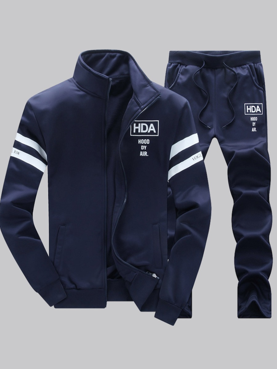 

Men lovely Sportswear Patchwork Deep Blue Two-piece Pants Set