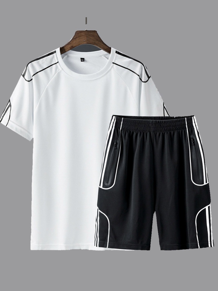 

Men lovely Sportswear O Neck Patchwork White Two-piece Shorts Set
