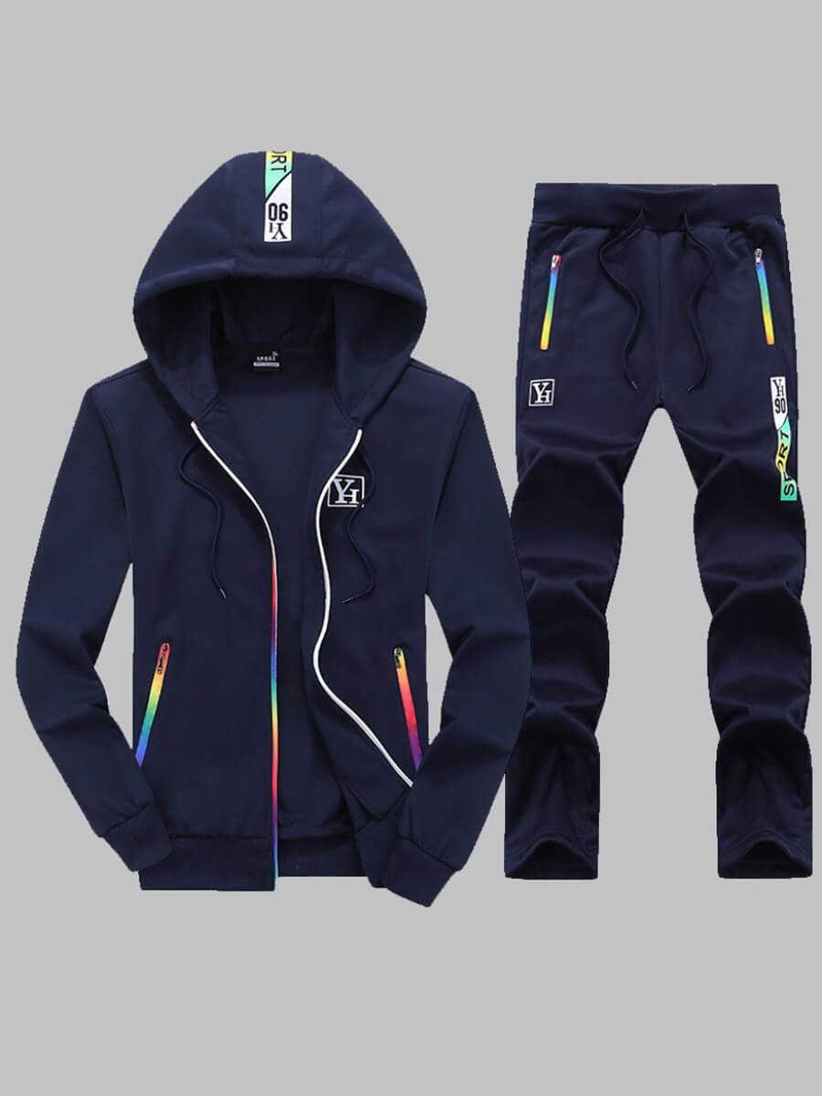 

LW COTTON Men Sportswear Zipper Design Deep Blue Two-piece Pants Set