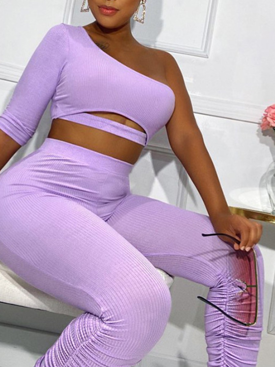

lovely Sportswear One Shoulder Fold Design Purple Two-piece Pants Set