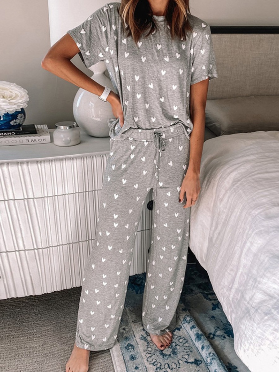 

lovely Casual O Neck Heart Print Grey Loungewear