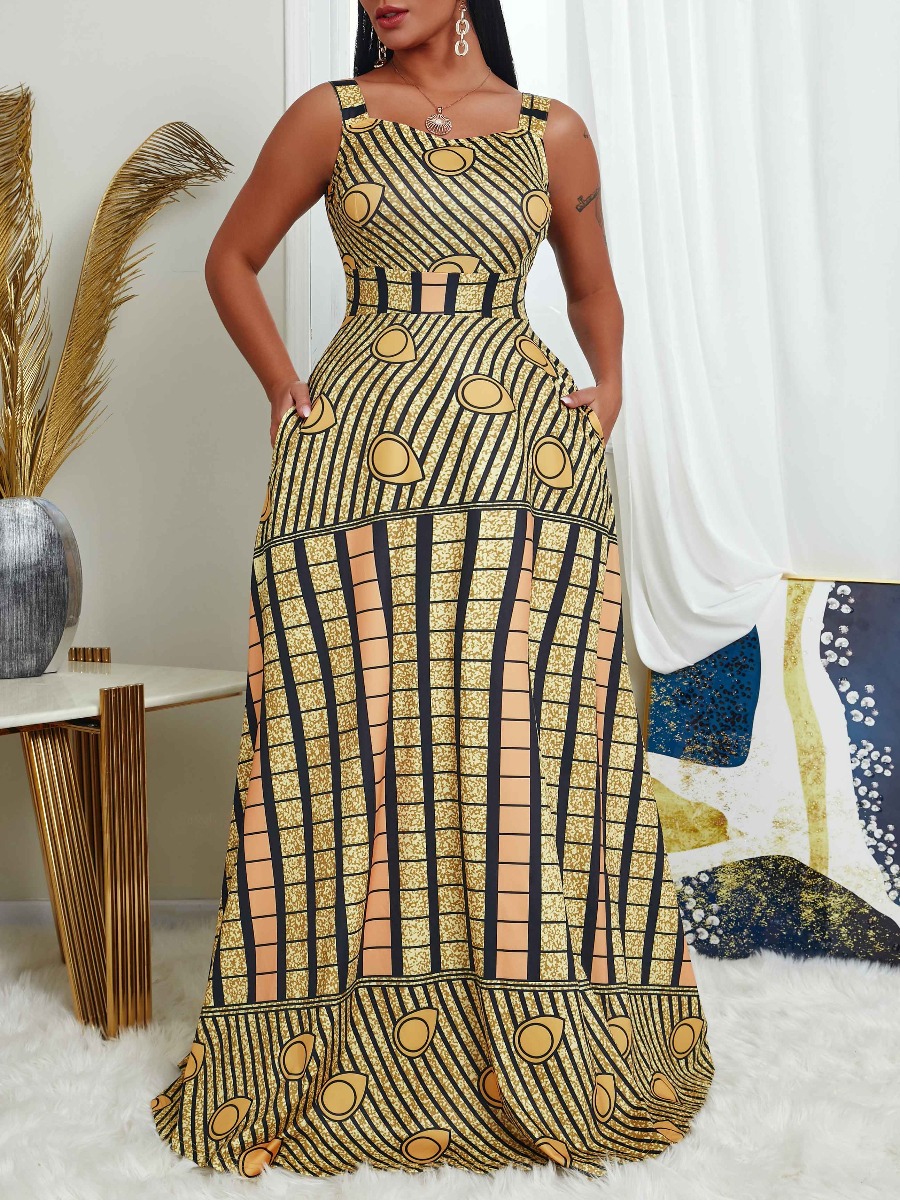 

lovely Bohemian Sleeveless Print Yellow Maxi Dress