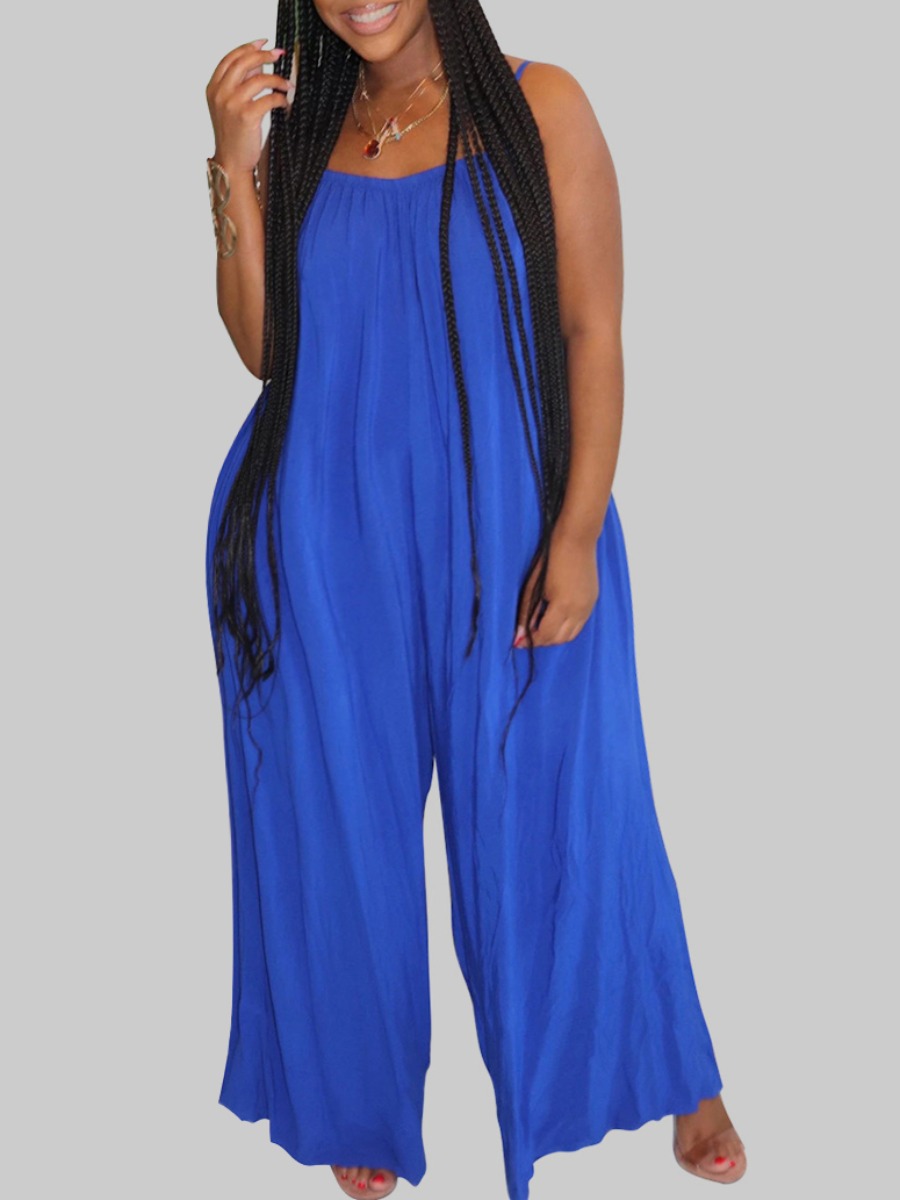

lovely Leisure Spaghetti Strap Loose Blue Plus Size One-piece Jumpsuit