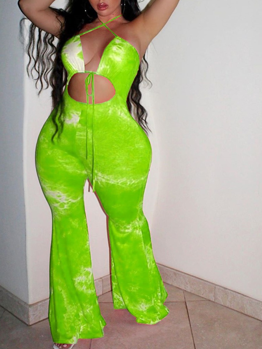 

lovely Sexy Tie-dye Cross-over Design Green One-piece Jumpsuit