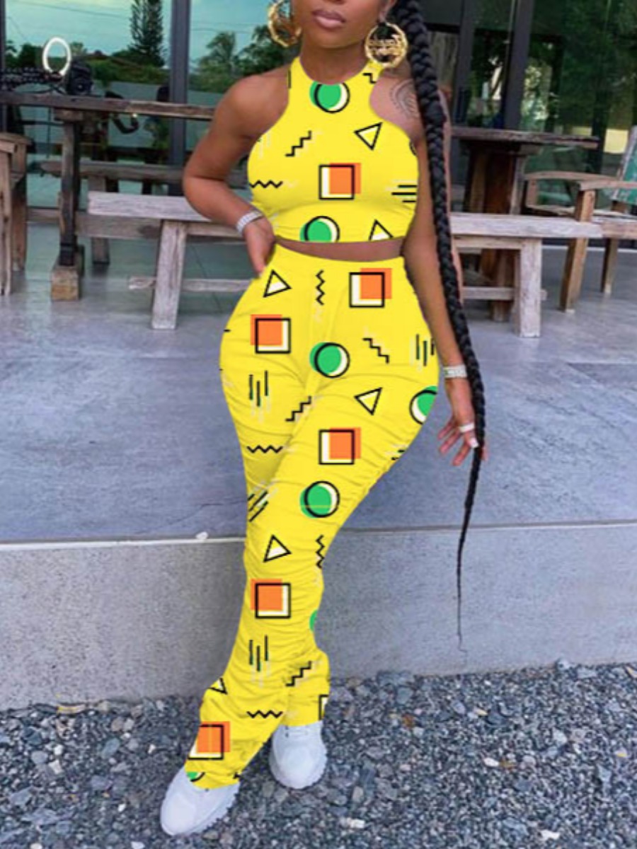 

lovely Stylish Sleeveless Print Yellow Two Piece Pants Set
