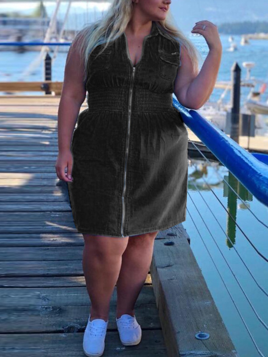 

lovely Casual Zipper Design Black Knee Length Plus Size Denim Dress