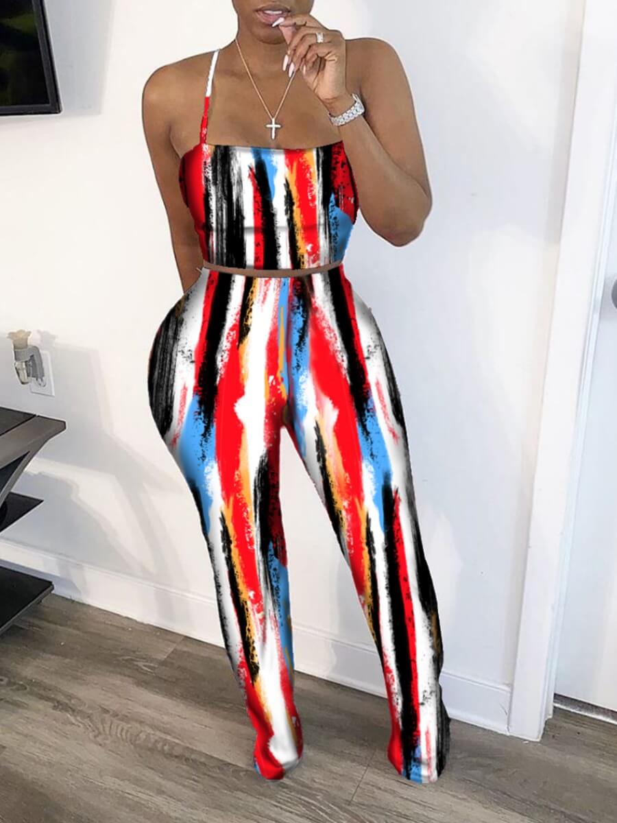 

Lovely Sexy Spaghetti Strap Tie Dye Red Two Piece Pants Set(Batch Print