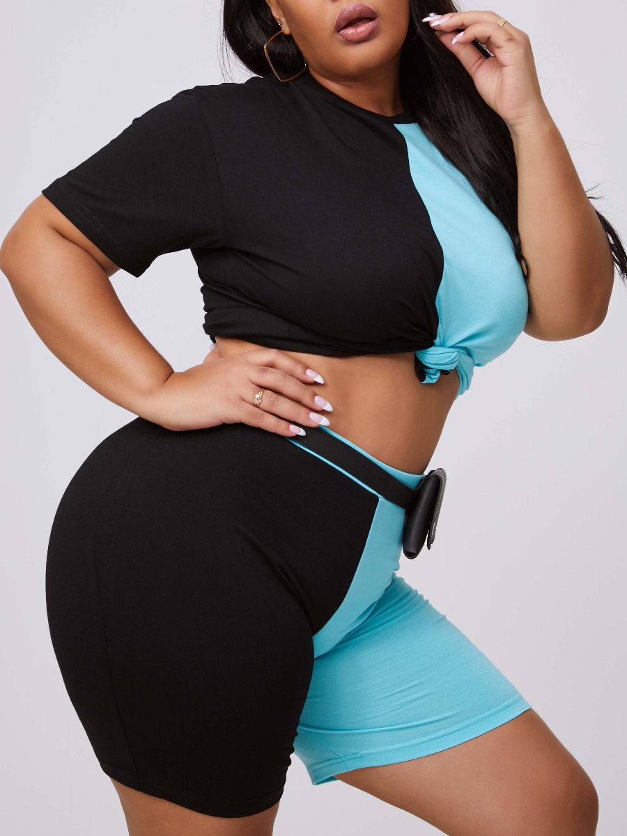 

lovely Sportswear Patchwork Blue Plus Size Two-piece Shorts Set