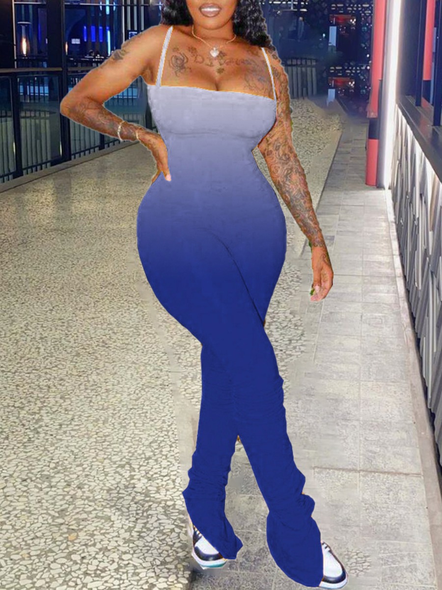 

lovely Stylish Spaghetti Strap Gradient Blue One-piece Jumpsuit