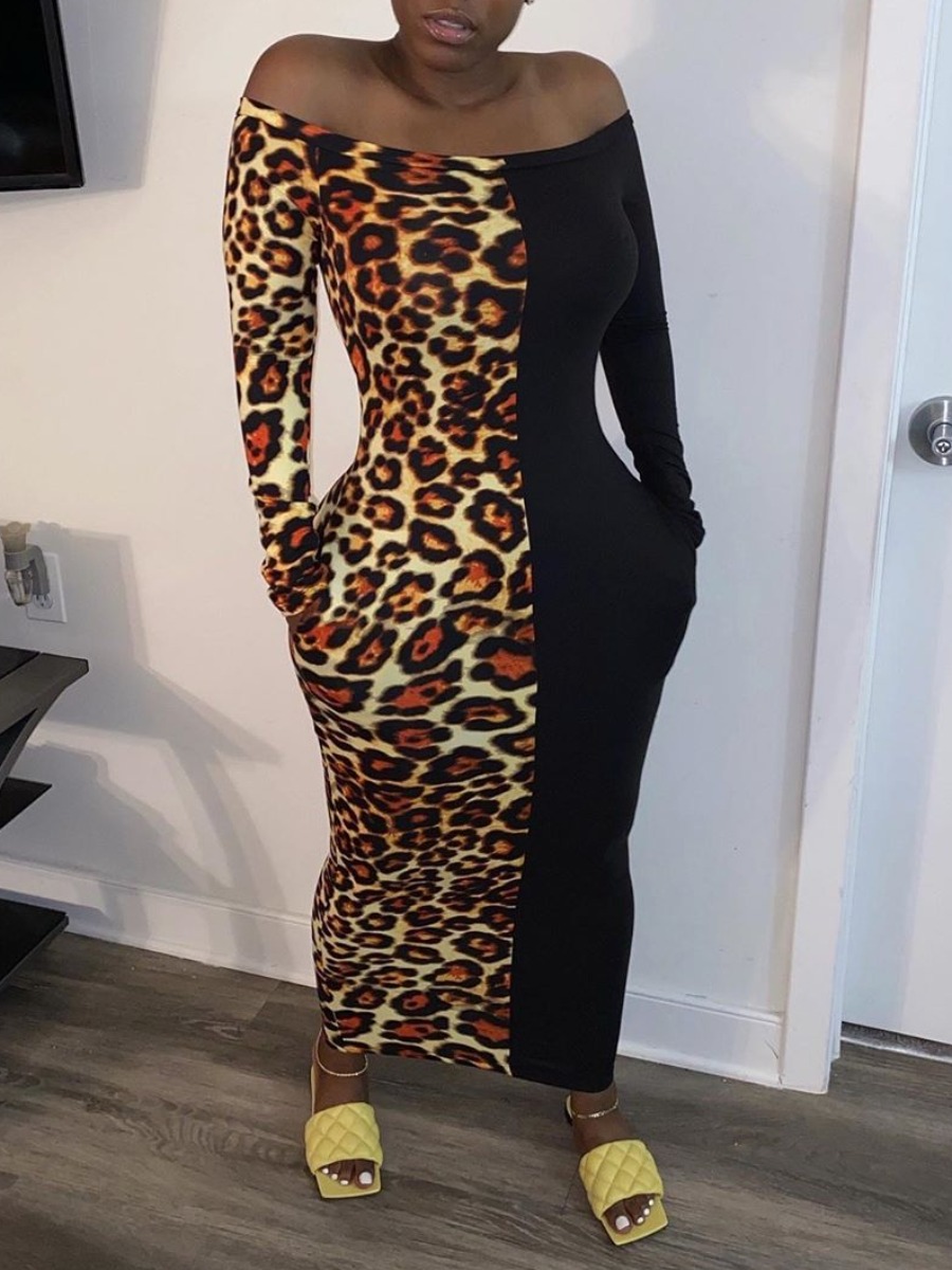 

lovely Sexy Dew Shoulder Print Patchwork Black Ankle Length Dress