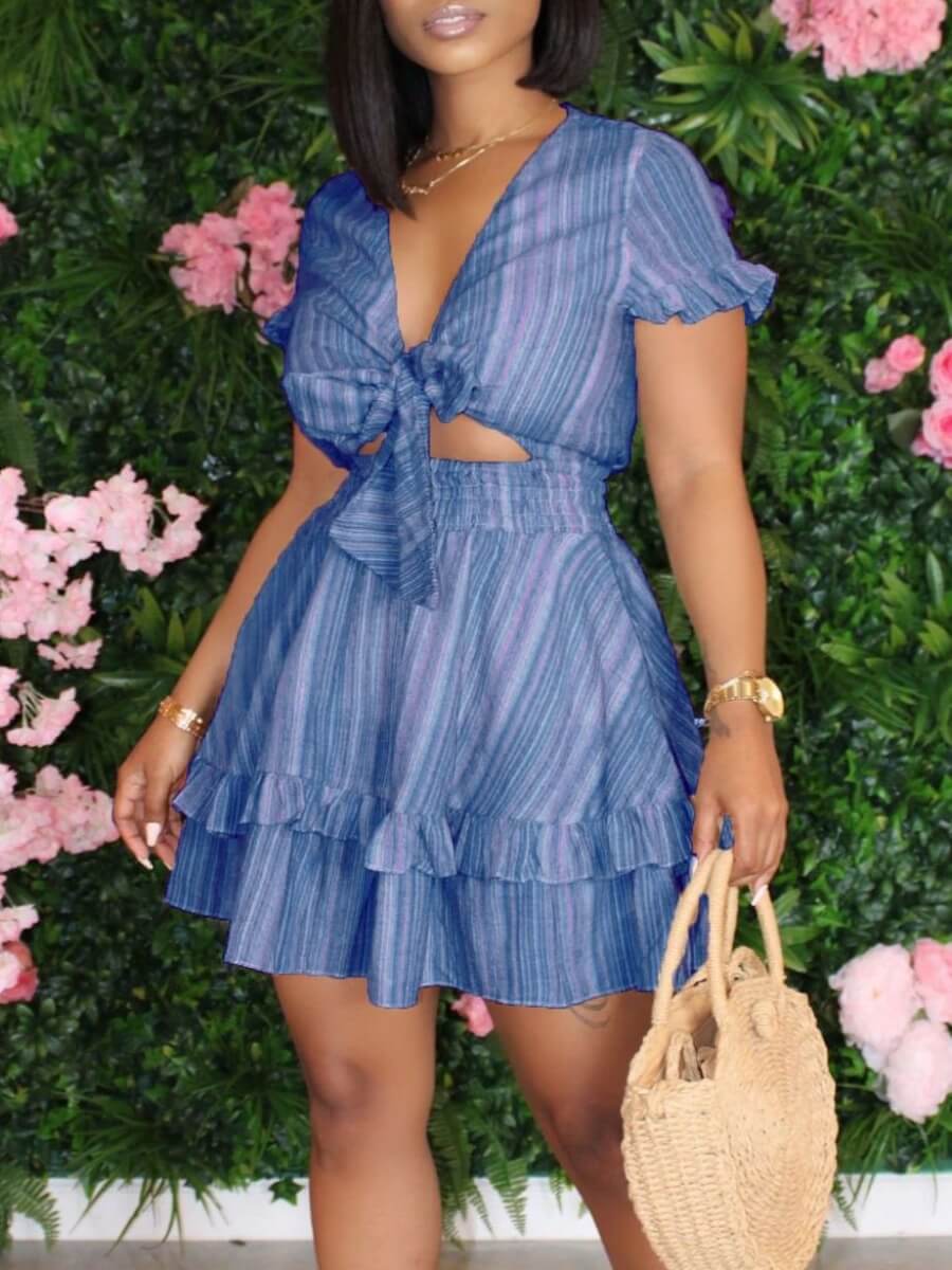 

LW Sweet Striped Print Knot Design Blue Mini Dress