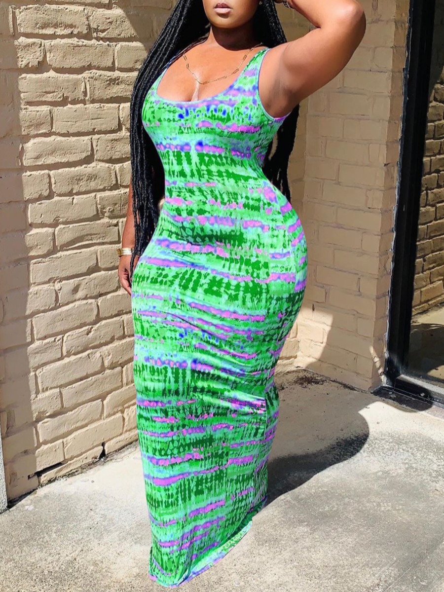

lovely Bohemian Tie-dye Bandage Design Green Maxi Dress