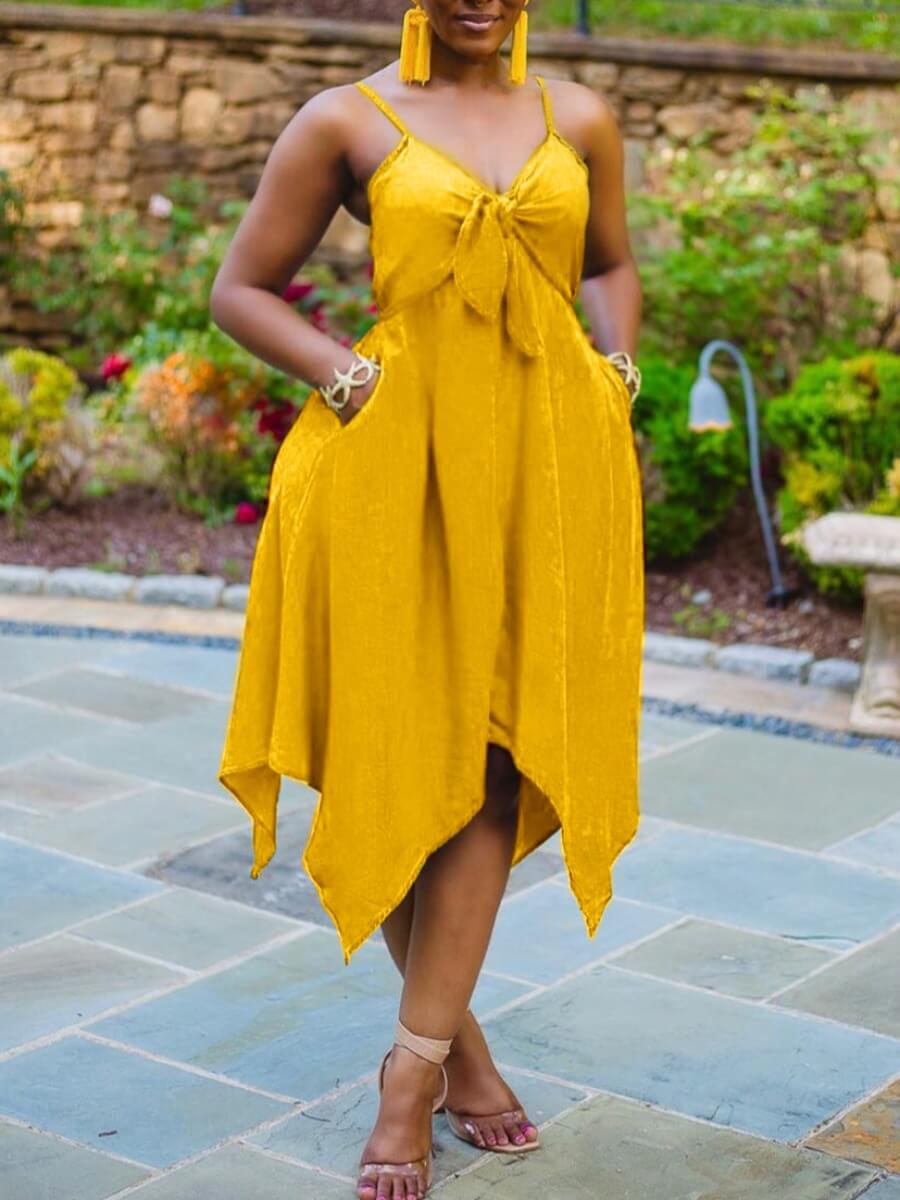 

Lovely Sexy Knot Design Asymmetrical Yellow Mid Calf Dress