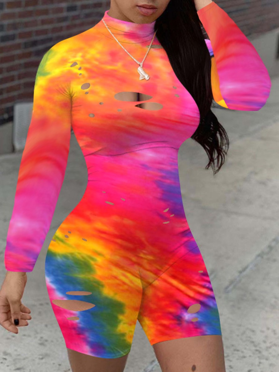 

lovely Trendy Tie-dye Broken Holes Jacinth One-piece Romper
