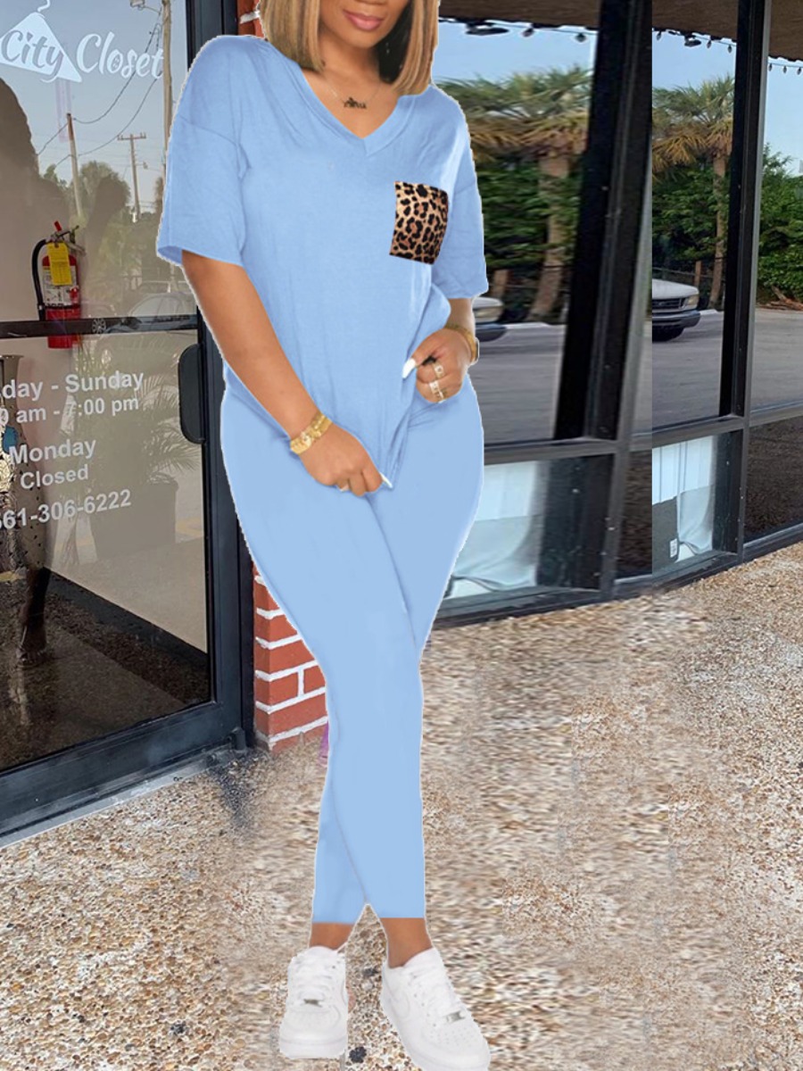 

lovely Casual V Neck Patchwork Blue Two Piece Pants Set