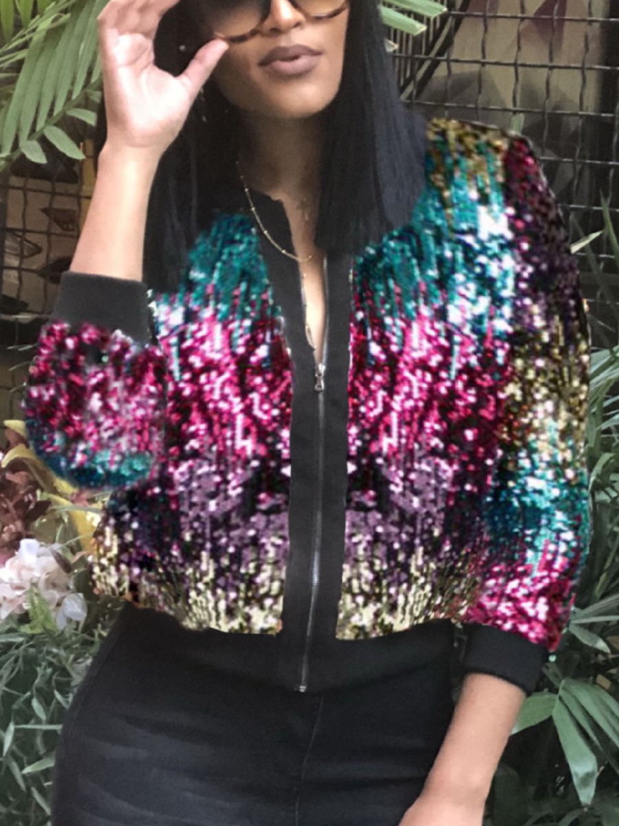 

lovely Street Sequined Zipper Design Multicolor Jacket, Multi