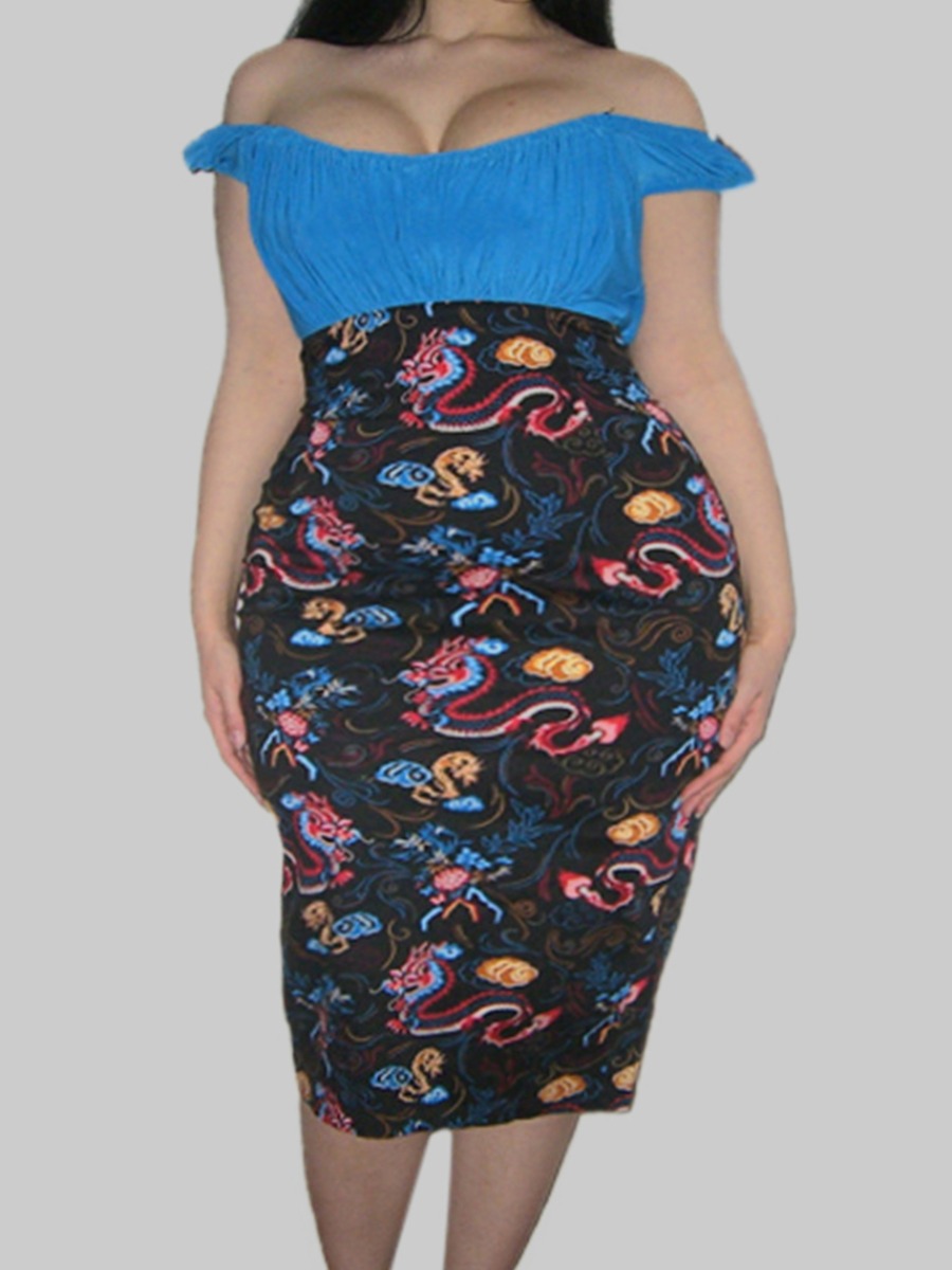 

lovely Casual Print Patchwork Blue Knee Length Plus Size Dress