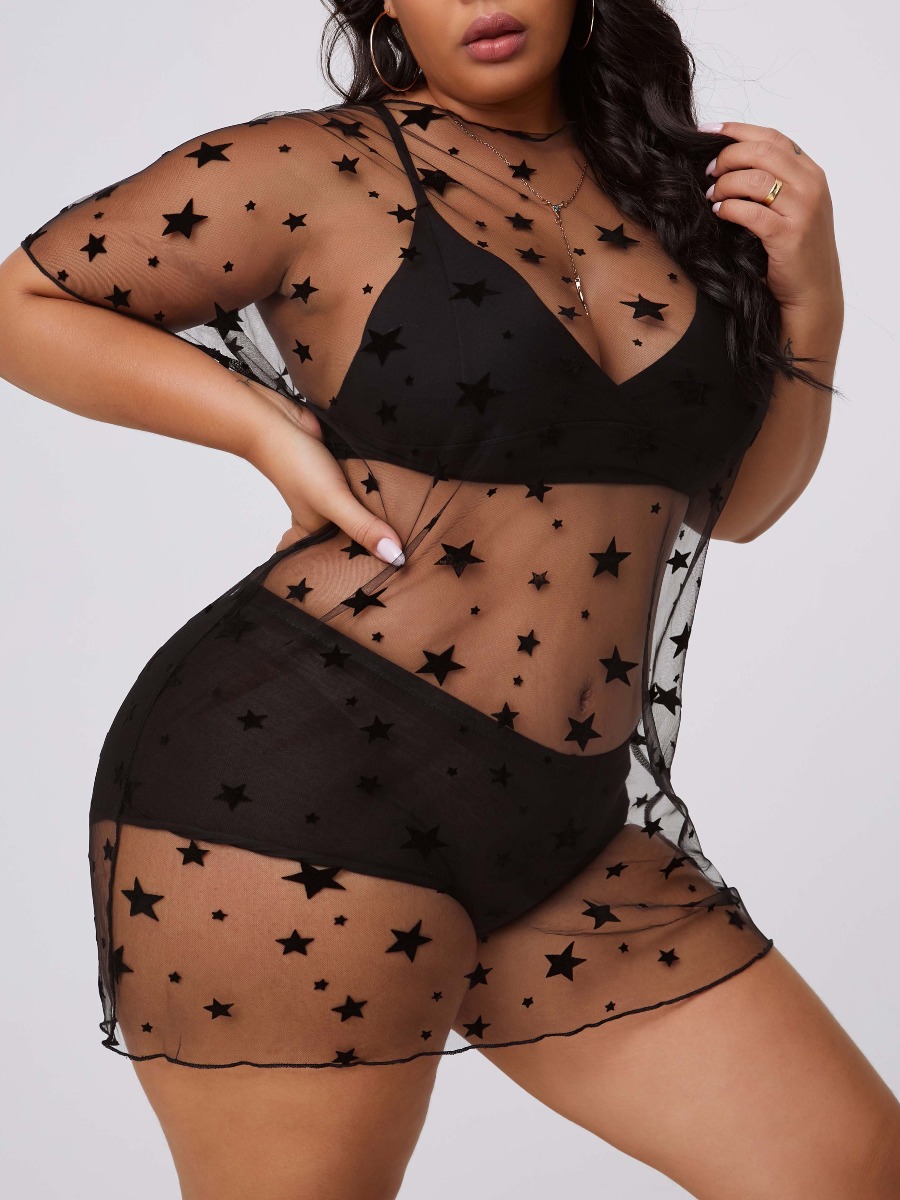 

lovely Sexy Pentagram Print See-through Black Plus Size Blouse
