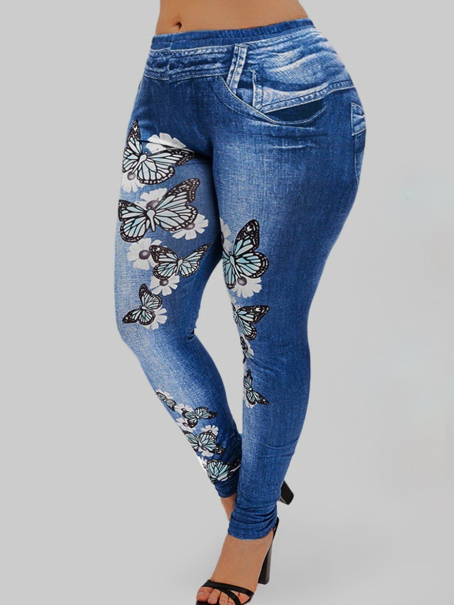 

lovely Trendy Butterfly Print Deep Blue Plus Size Jeans