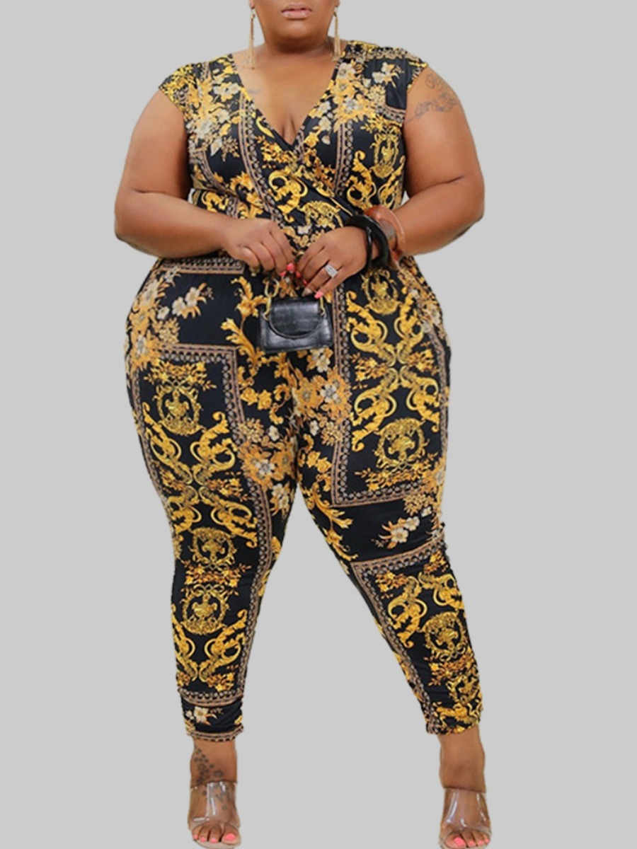 

Lovely Trendy V Neck Versace Print Yellow Plus Size One-piece Jumpsuit