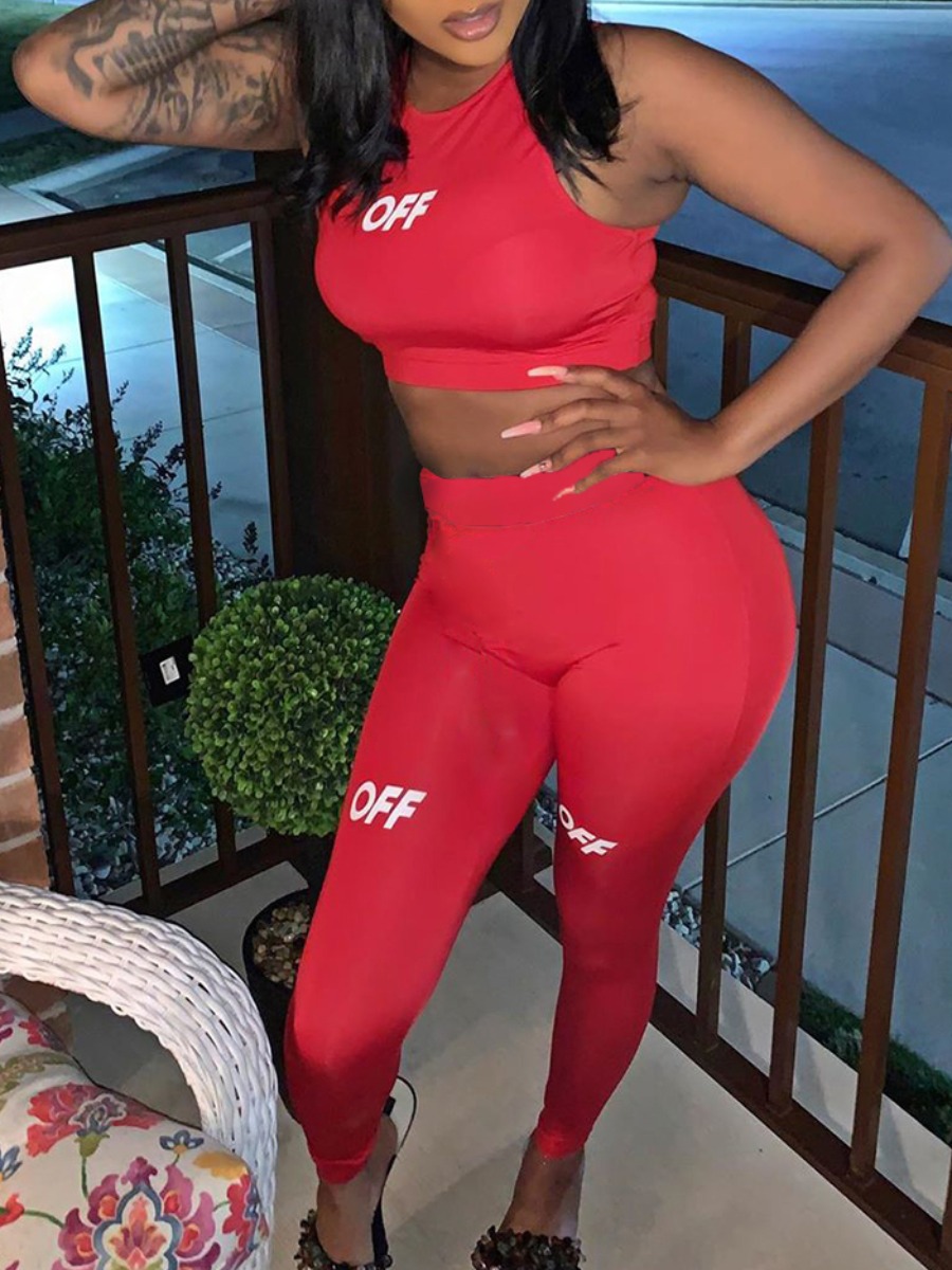 

lovely Sportswear Letter Print Skinny Red Two Piece Pants Set