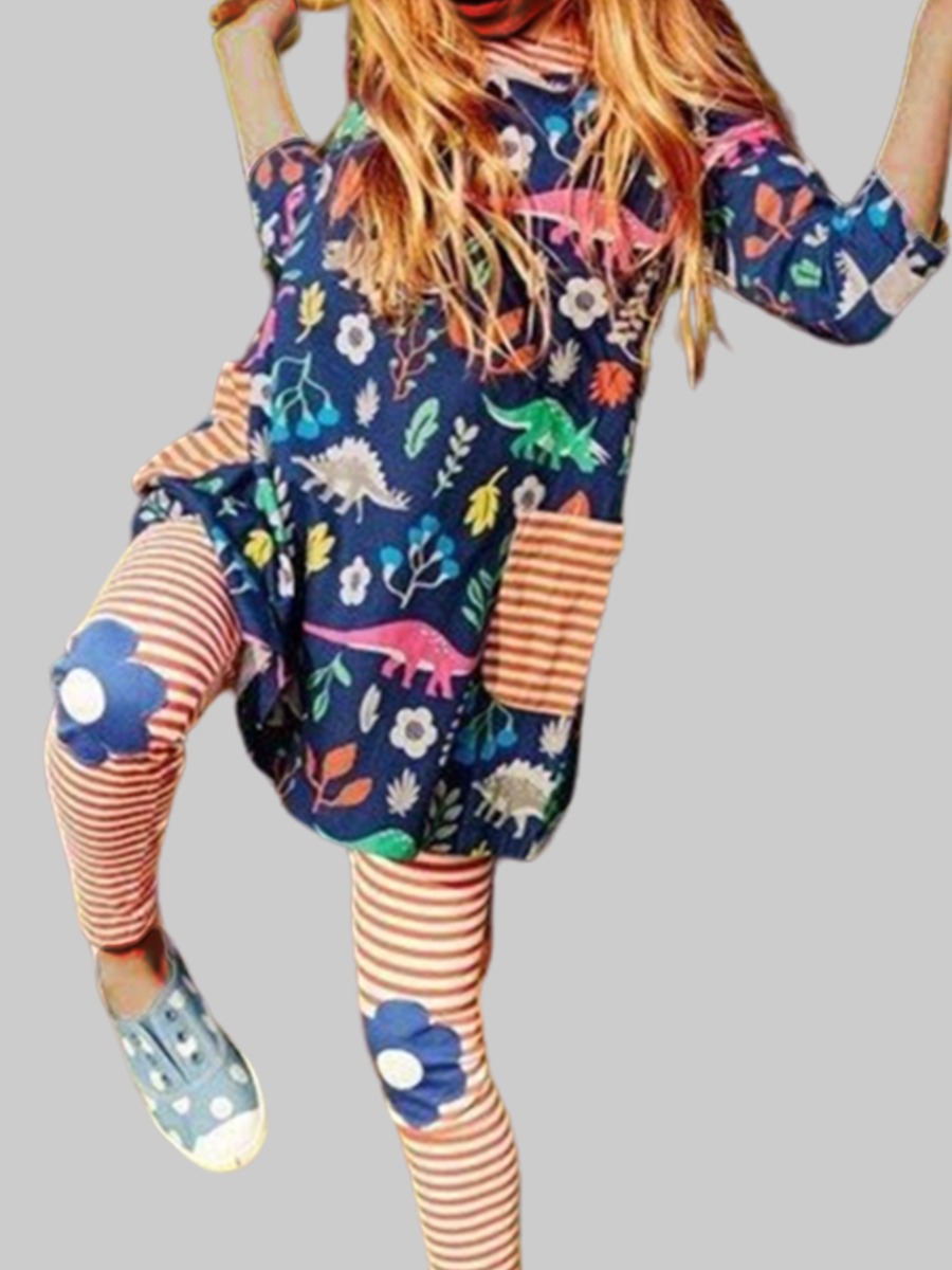

lovely CasualO Neck Cartoon Print Blue Girl Knee Length Dress
