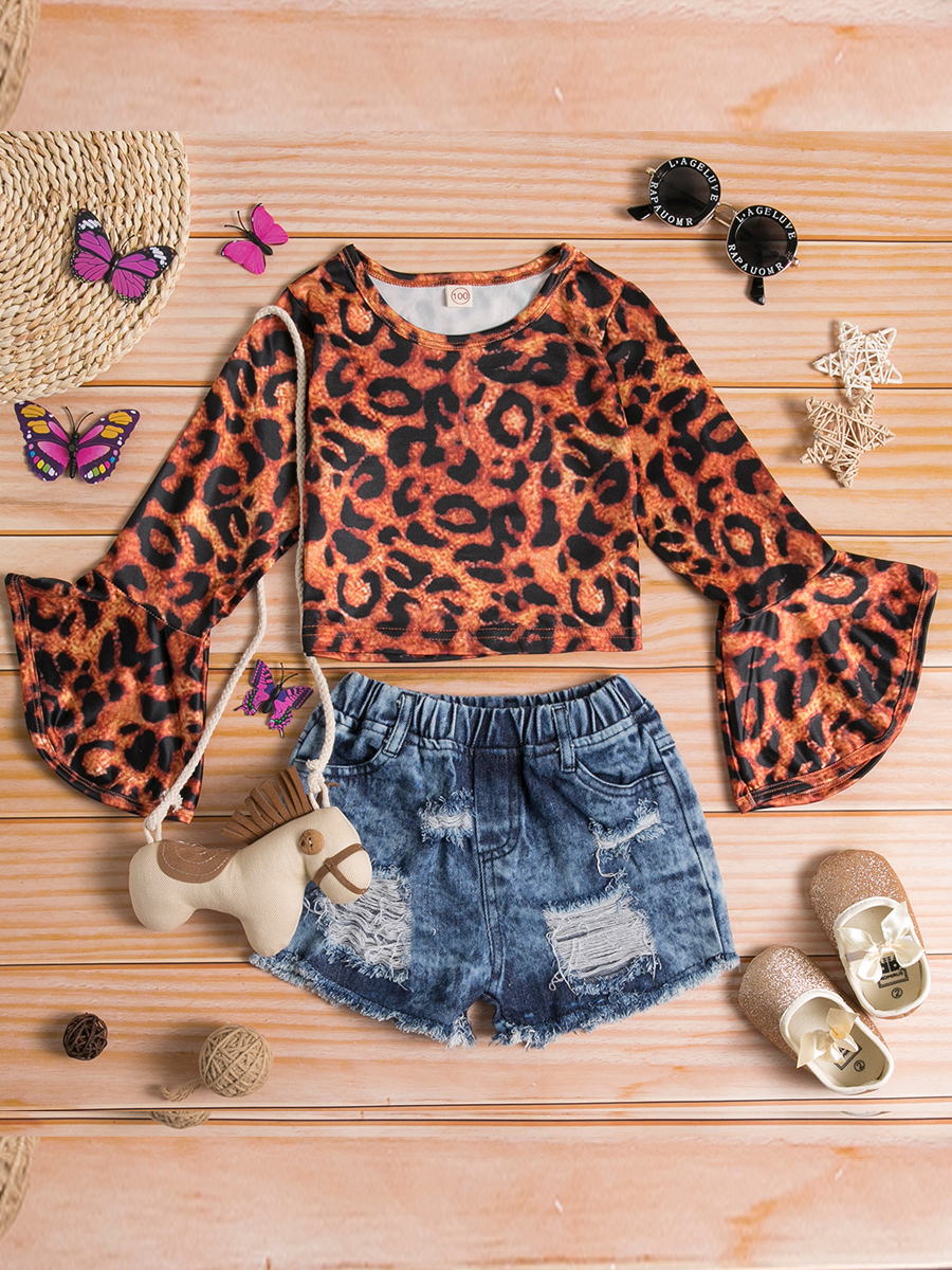 

lovely Trendy O Neck Broken Holes Leopard Print Girl Two-piece Shorts Set