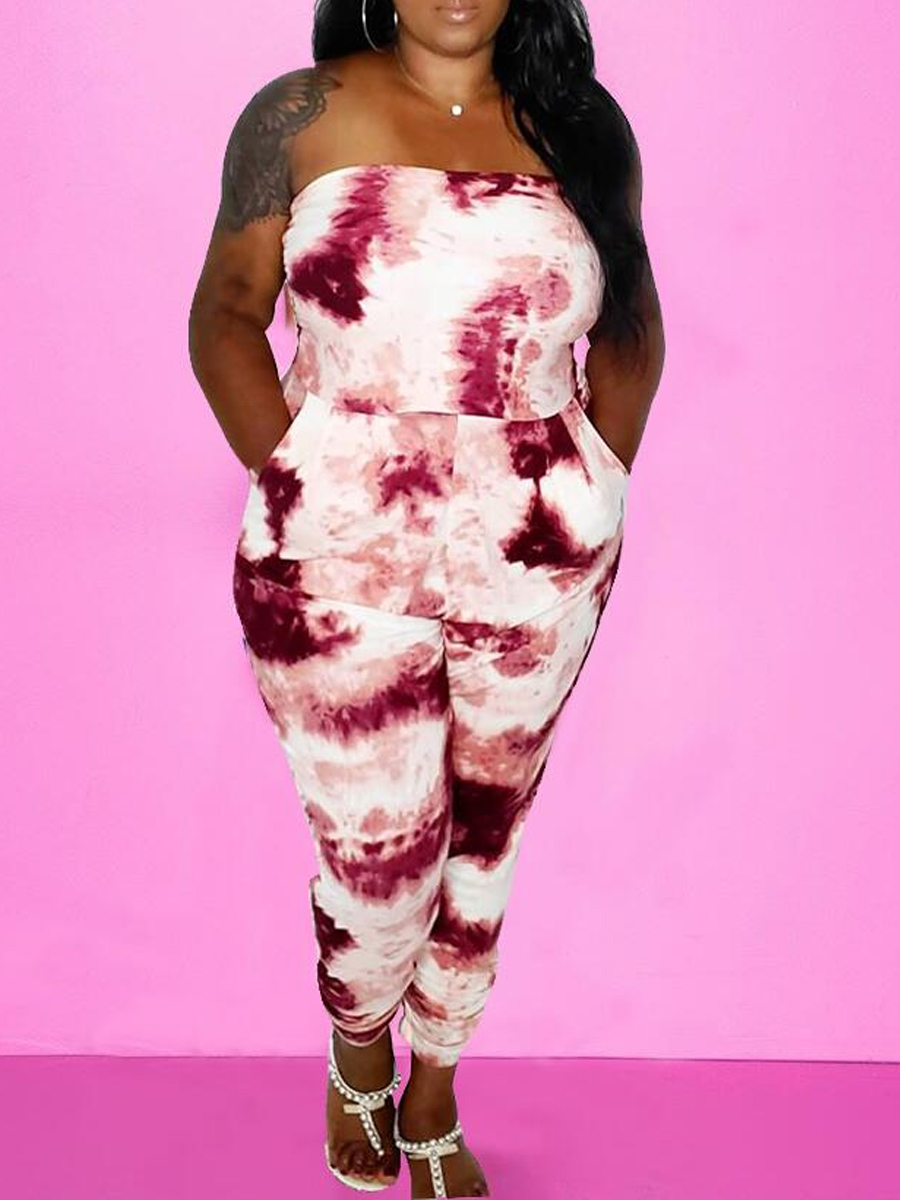 

Lovely Trendy Dew Shoulder Tie-dye Dull Red One-piece Jumpsuit