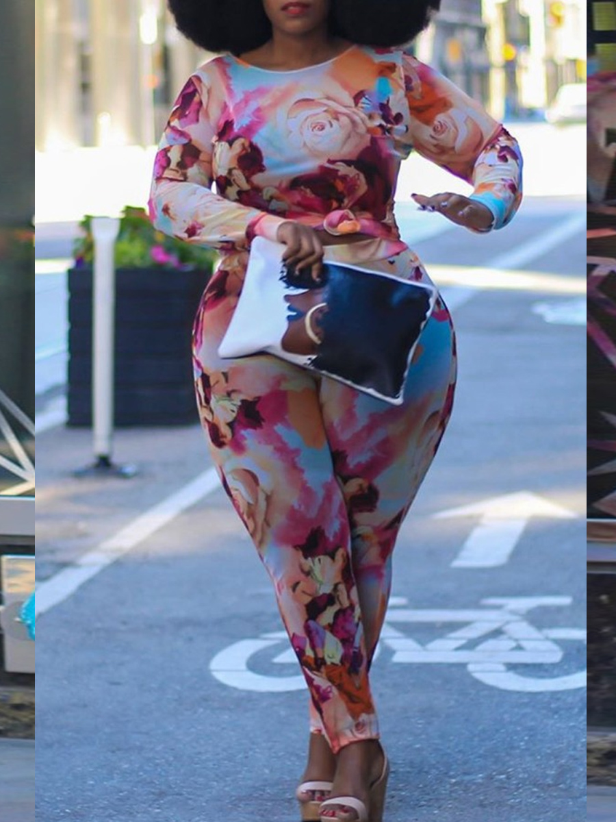 

Lovely Casual O Neck Print Pink Plus Size Two-piece Pants Set